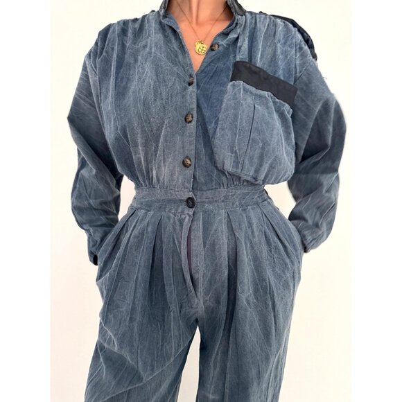 80s vintage blue chambray denim casual collared button up jumpsuit pantsuit - Picture 8 of 10